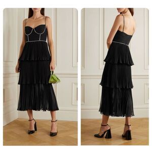 NWT Self-Portrait Crystal-Embellished Pleated Chiffon Tiered Midi Dress Black 4